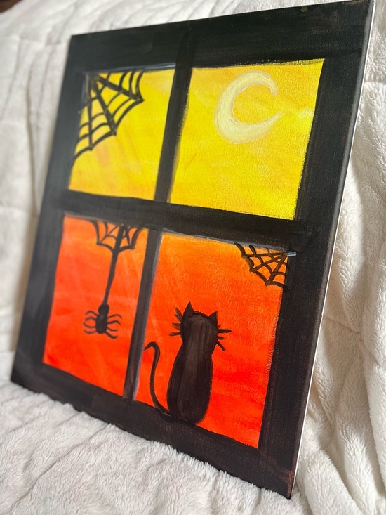 Hand-Painted (by me) Halloween Window Cat Canvas Art - Black, Orange, Yellow - Picture 2 of 2